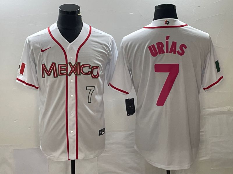 Men 2023 World Cub Mexico 7 Urias White pink Nike MLB Jersey6